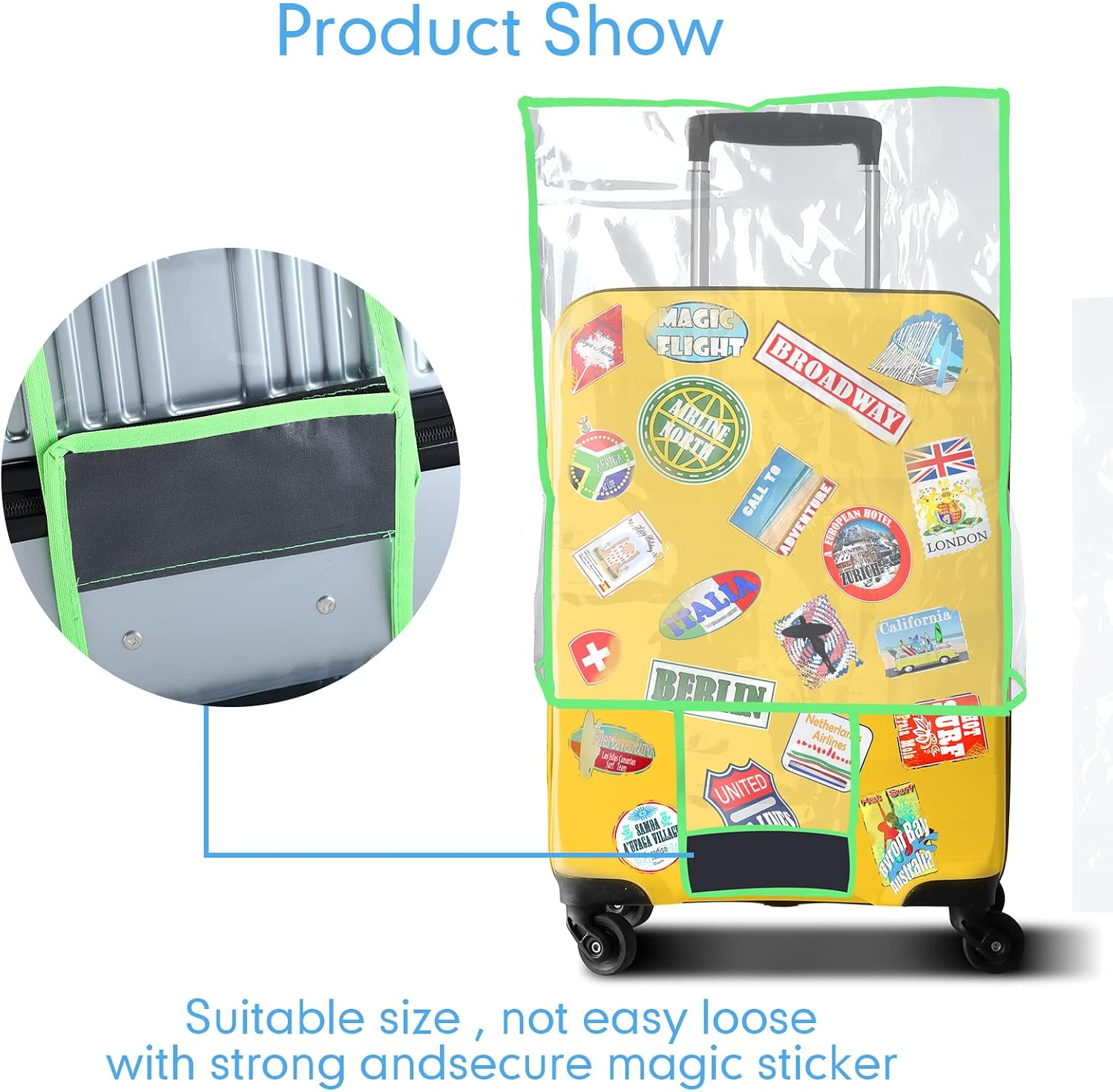 Sadnyy 3 Pieces Clear Luggage Cover PVC Suitcase Luggage Protector for 20" 24" 28" Luggage Waterproof Cover(Fluorescent Green Border,Regular Style)