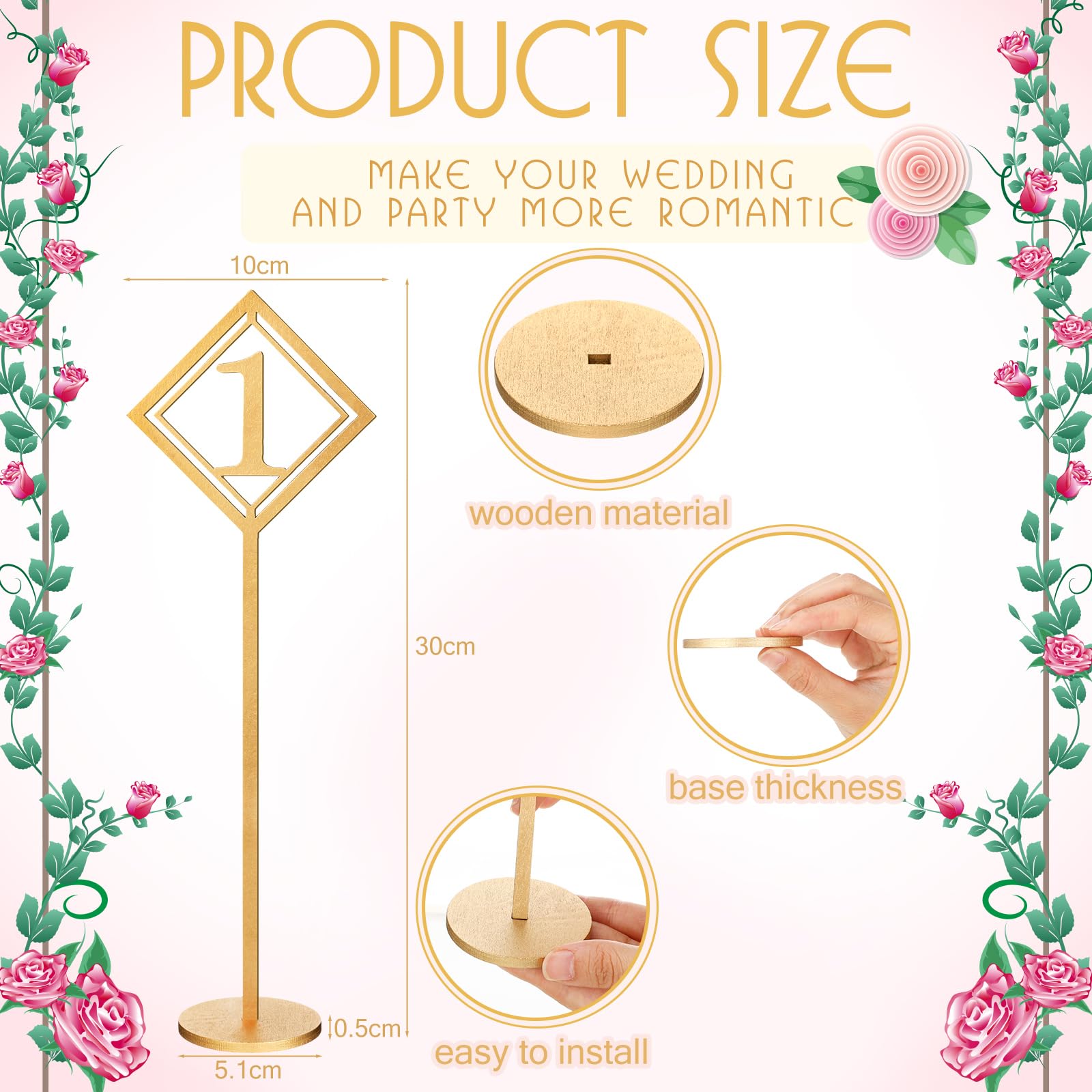 Lineshading Tischnummern aus Holz für Hochzeitsempfang, goldene Sitznummern mit Halterung, Tischnummern 1–30, rustikale Tischnummernständer für Hochzeit, Party, Restaurant, Event, Catering, 30 Stück