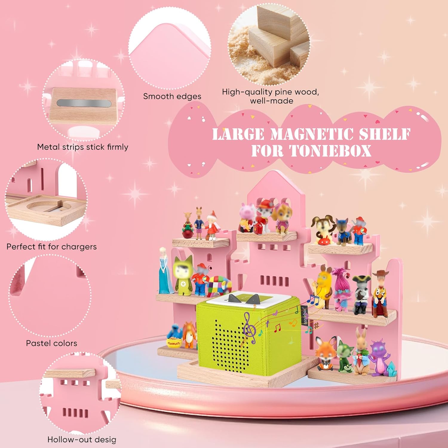 Tonie Shelf for Tonies Box Set - Tonie Storage for Tonie Box & Tonies Figures & Charging Station, Magnetic Wooden Floating Shelf for Toniebox & 15-33 Tonies Characters, Wall Mounted Rack,Castle Shape
