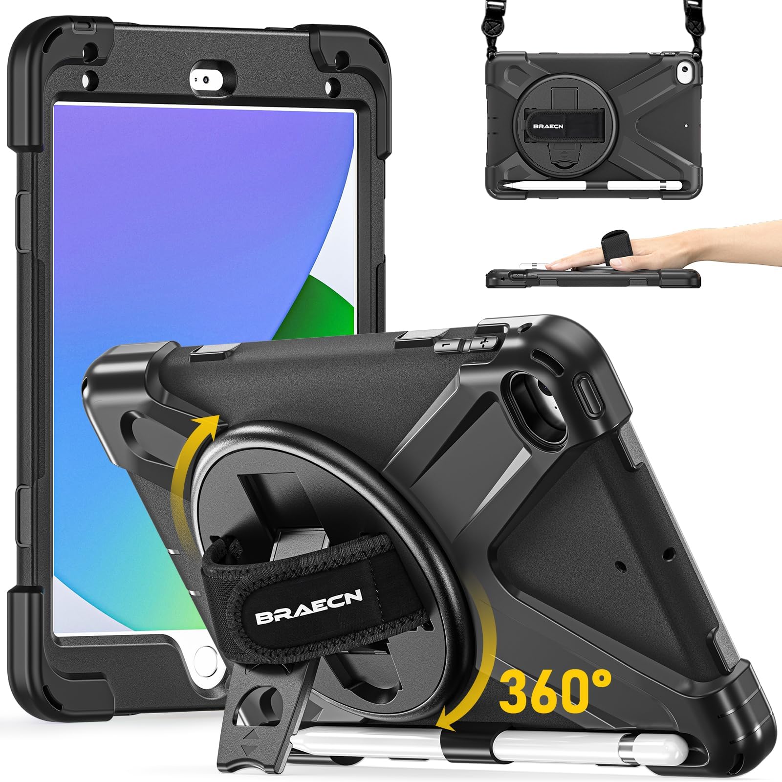BRAECN iPad mini 5 Case,iPad mini 4 Case, Heavy Duty Shockproof Protective Rugged Case with Pencil Holder,Hand Strap,Kickstand, Shoulder Strap for iPad mini 5th/4th Generation 7.9 Inch for Kids-Black