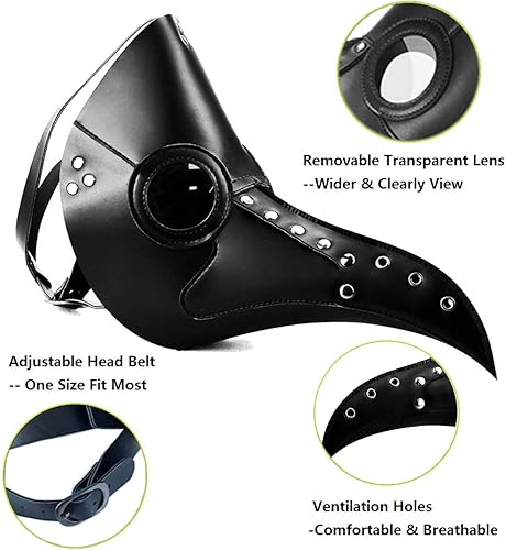 Miniatura 2 de Fit Design Máscara de cuero de médico de la peste para Halloween, cosplay, disfraz de pájaro Steampunk negro, máscaras para fiesta de máscaras