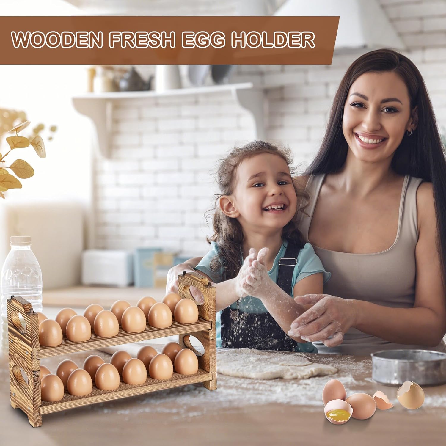 Wooden Egg Holder Countertop, Stackable Wooden Egg Storage & Organizer, 2-Tier /24-Hole Farmhouse Eggs Rack Wood with Handle for Fresh Eggs to Store Chicken/Duck/Quail/Turkey/Easter Egg - Image 8