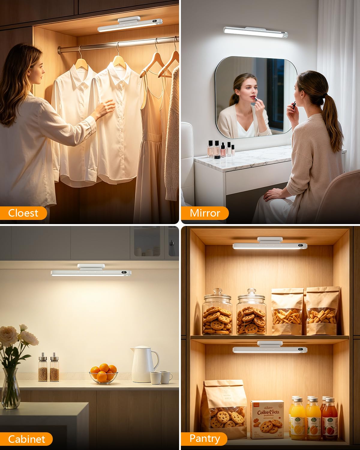 WILLED Luci da armadio da 5 W, sensore di movimento con telecomando, luci a densità di movimento per interni con display del livello della batteria, luce ricaricabile per specchio, luce adesiva per