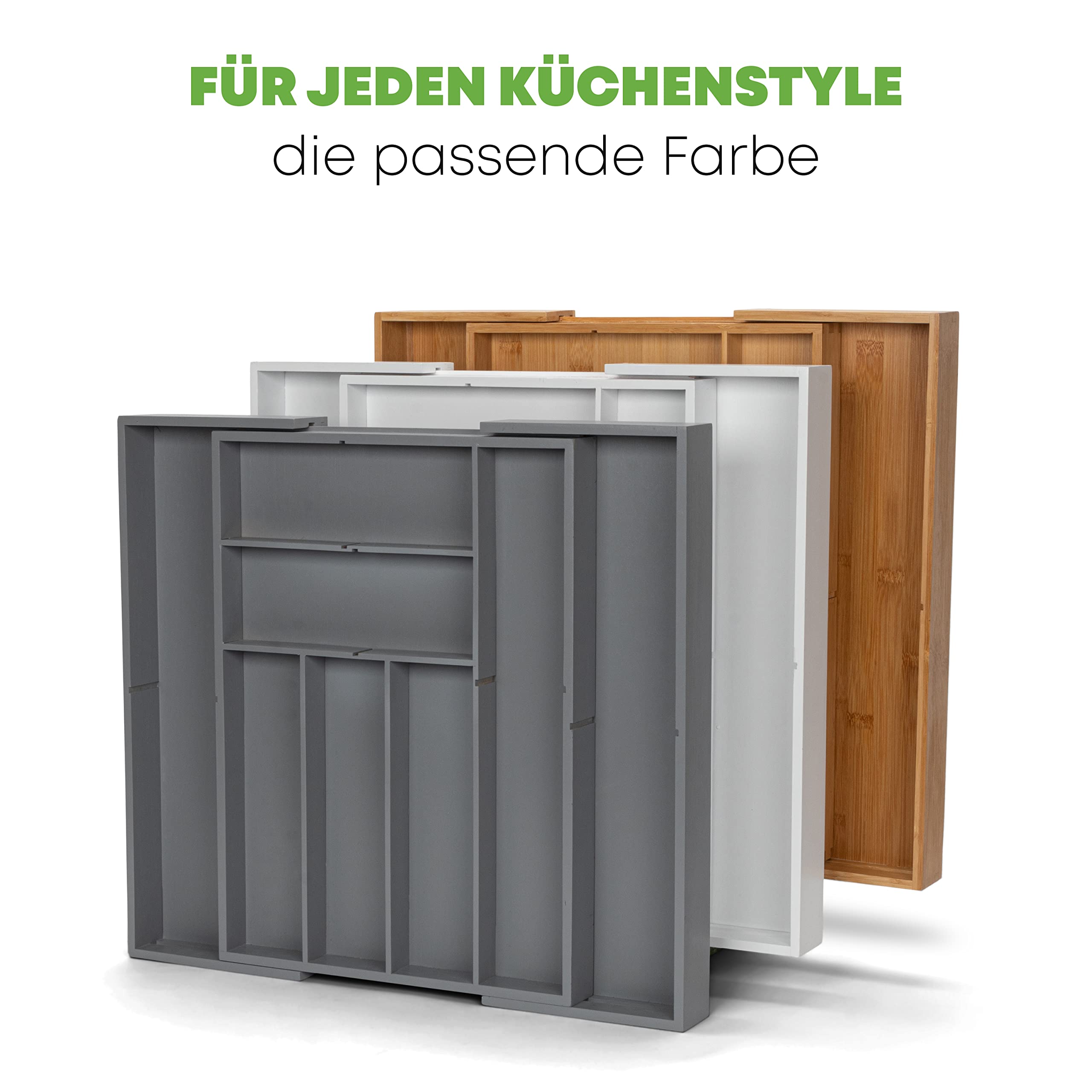 Besteckkasten für Schubladen aus hochwertigem Bambus - Besteckeinsatz mit 5 herausnehmbaren Teilern [6 bis 13 Fächer] - Schubladeneinsatz mit Anti-Rutsch Noppen und Länge von 34 bis 50 cm (Grau)