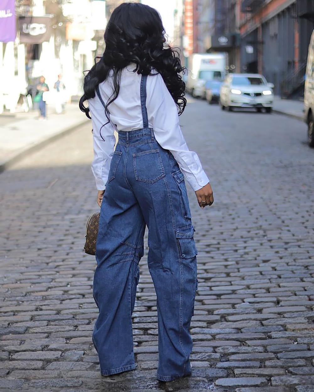 Girls overalls women's denim overalls straight high waist Y2K work jeans street fashion summer shoulder large pocket jumpsuit (Small, blue)
