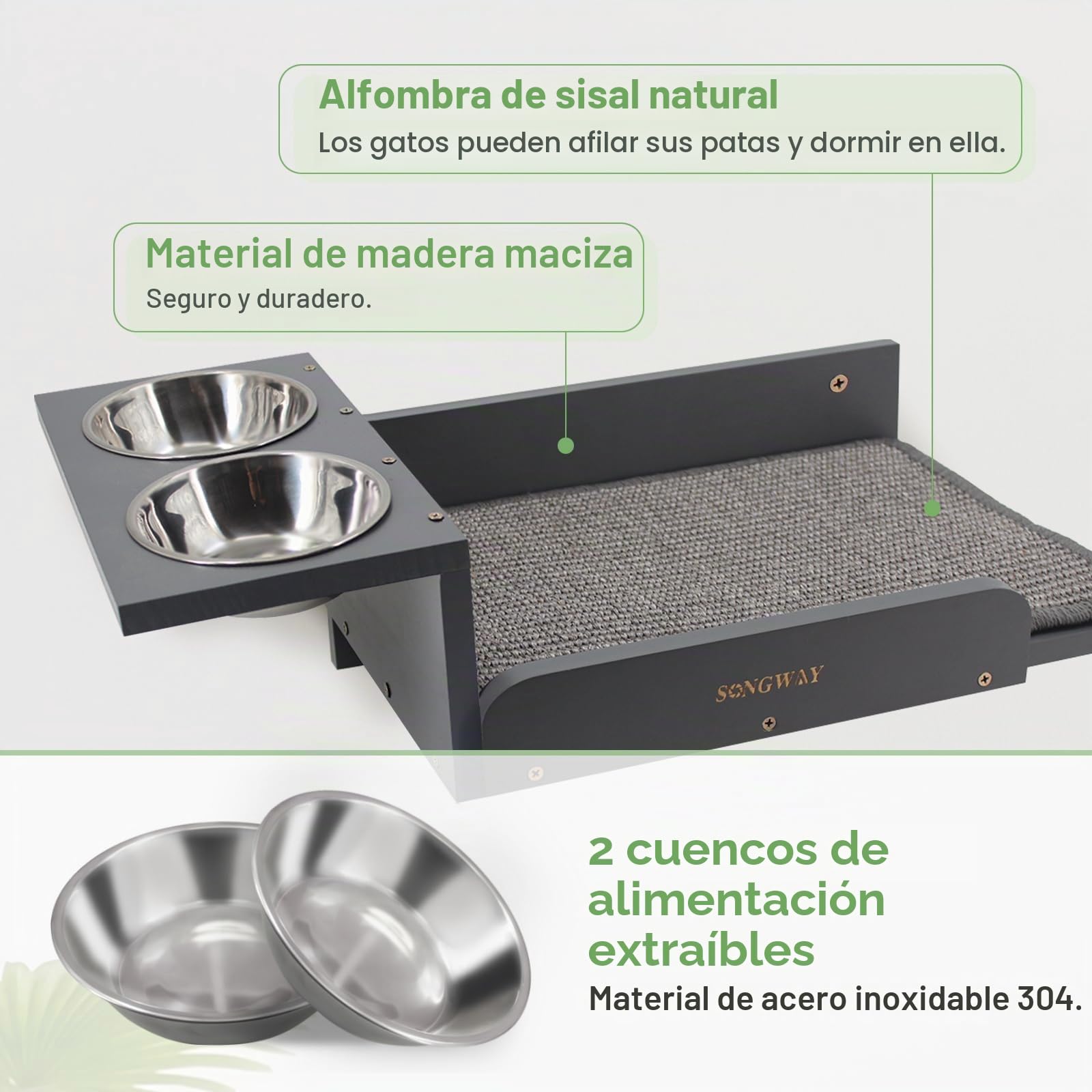SONGWAY Estantes y Comedero de Pared para Gatos con 2 Escalones y Cuencos de Acero Inoxidable, Estación de Alimentación Elevada a Prueba de Perros, Muebles