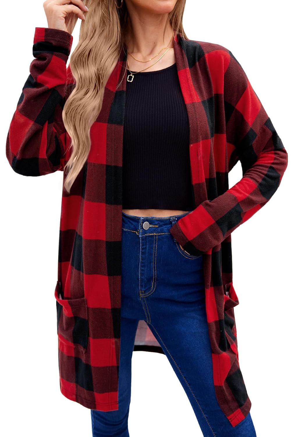 For G and PL Womens Christmas Red Buffalo Plaid Open Front Cardigan with Pockets
