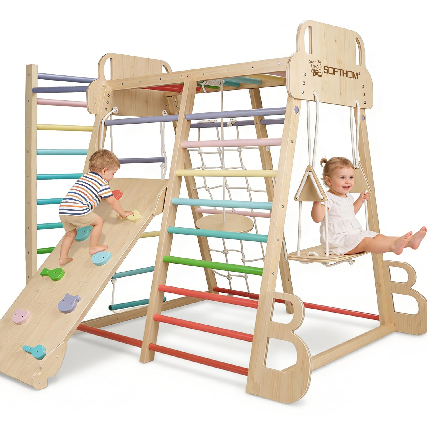 Maxi Estructura de Escalada para Niños, 10 en 1 Montessori Estructura de Escalada, Multifuncional Set de Escalada de Madera, Monopatín, Balancearse, Muro de Escalada, Red de Escalada, Natur
