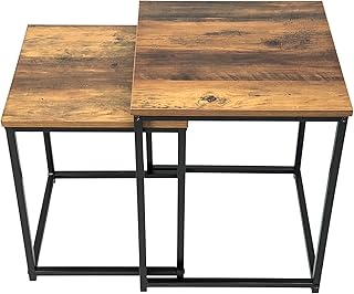 spot on dealz® Square nest of 2 tables black metal frame with solid Oak wooden effect side end modern nesting small bedside table living room furniture