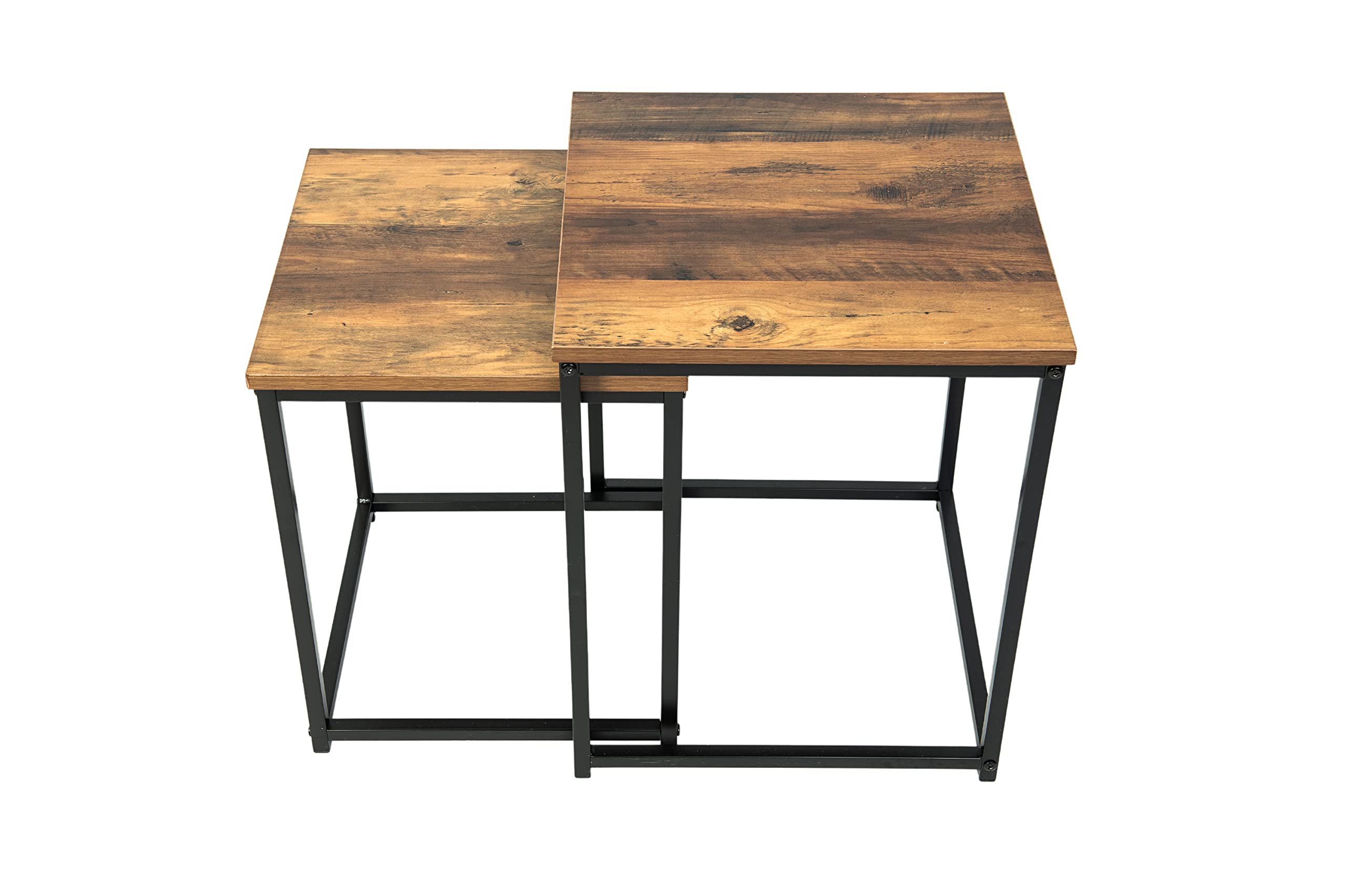 Square nest of 2 tables black metal frame with solid Oak wooden effect side end modern nesting small bedside table living room furniture