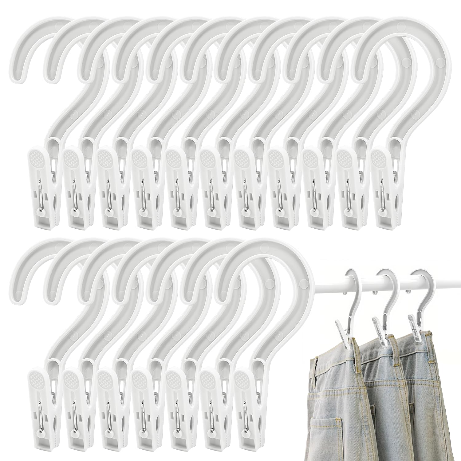 18 Heavy-Duty Clothes pegs with Hooks, Heavy-Duty Laundry Clips, Multi-Purpose Hanger Clips, Suitable for Wardrobe Organization, Bathroom, Travel, Portable Clothes pegs, White