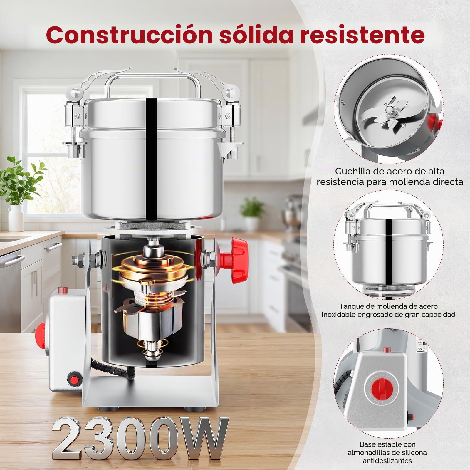 Molino de granos portátil 220 V, molienda por agitación, amoladora de alta velocidad para polvo, detección de apertura de tapa, para hierbas/especias/nueces/cereales, protección de sobrecarga (500g)