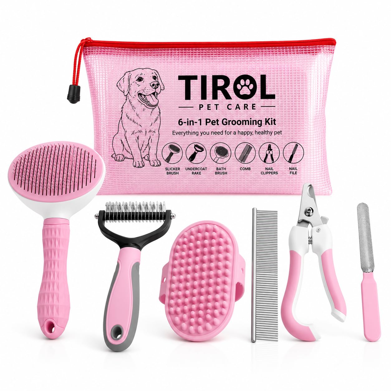 TIROL Pet Care 6-in-1 Dog & Cat Grooming Kit, Double-Sided Dematting Rake, Bath Massage Brush, Comb, Self-Cleaning Slicker Brush, Nail Clippers & File, Complete Grooming Set with Travel Pouch