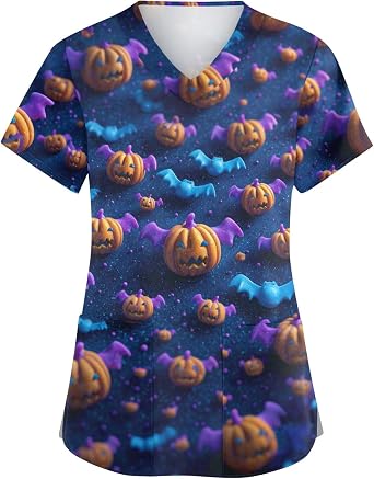 Womens Holiday Scrub Tops Plus Size Halloween Printed Medical Scrubs Short Sleeve V Neck Shirts Nursing Uniforms