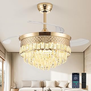 42" Chandelier Ceiling Fan with Lights,Crystal Fandelier Ceiling Fan with Retractable Blades,Chandelier Fans for Bedroom Living Room,6 Speeds,3 Color Temperatures,Remote & APP Control-Gold