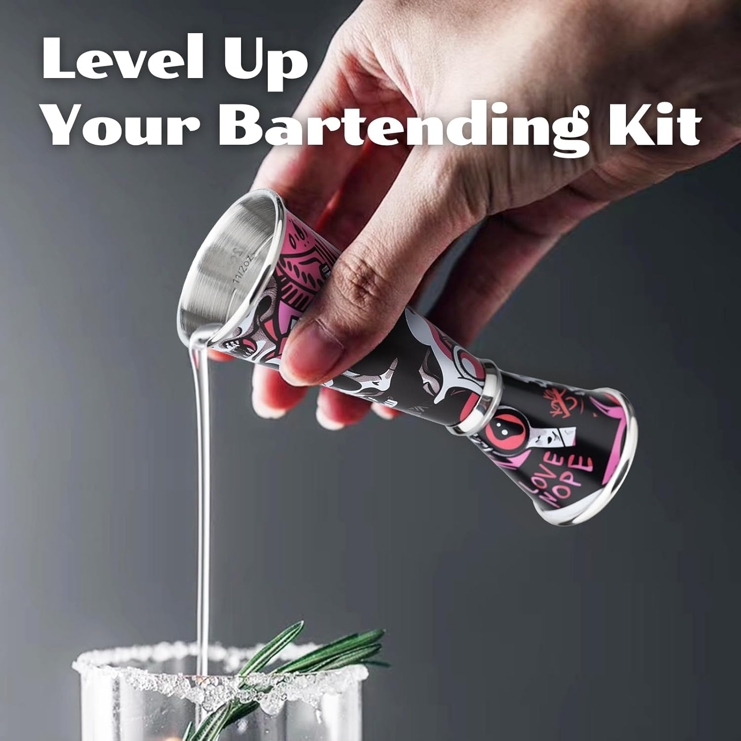 Jigger for Bartending Set of 2, 1/2oz Measuring Double Stainless Steel Japanese Cocktail Jiggers with Skull Pattern, Measurements Inside, Bar and Home Shot Jigger 2 Pourers Tool Accessories