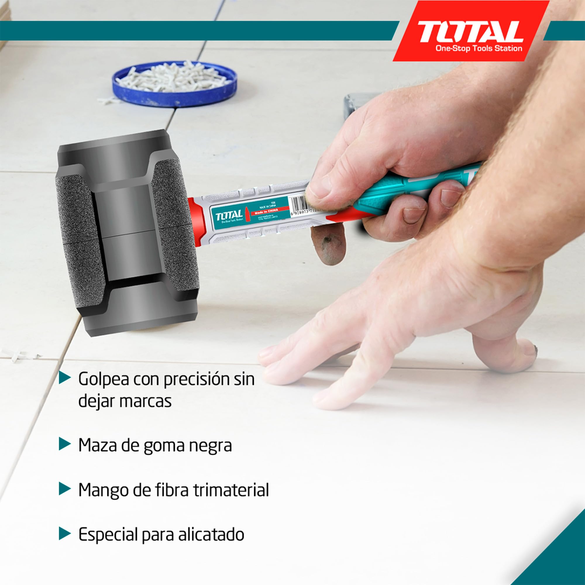 TOTAL - Mazza in Gomma - 450 g - Per Piastrellatura, Livellamento e Assemblaggio - Colpisce Senza Danneggiare la Superficie - Manico Antiscivolo in Fibra Trimateriale - Testa in Gomma Nera