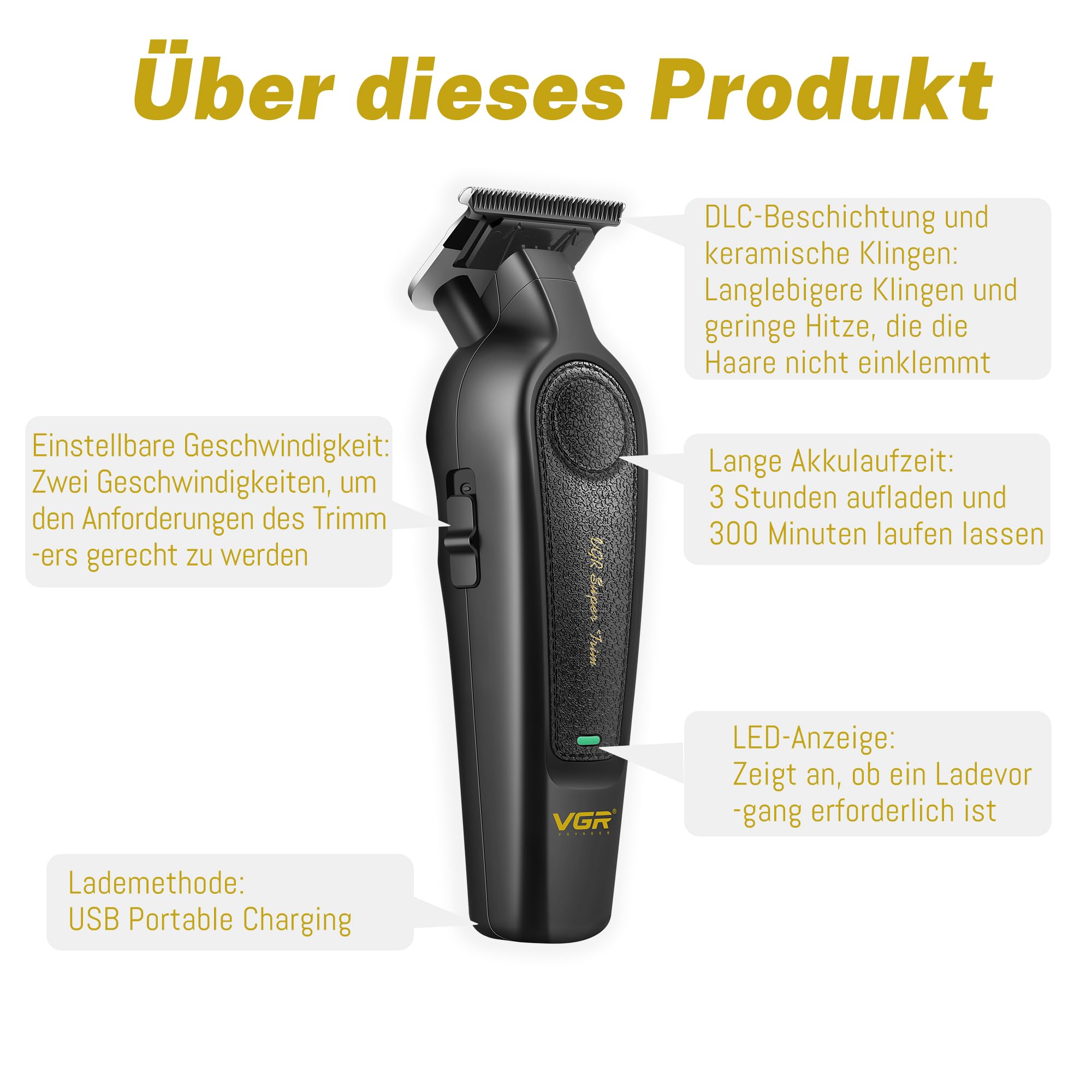 VGR 995 Profi Haartrimmer für Herren Zero Gap Trimmer, Kabelloser Elektrischer Haarschneider mit 4 Kammaufsätzen, USB-C Haarschneider, Leiser Präzisionstrimmer für Reisen