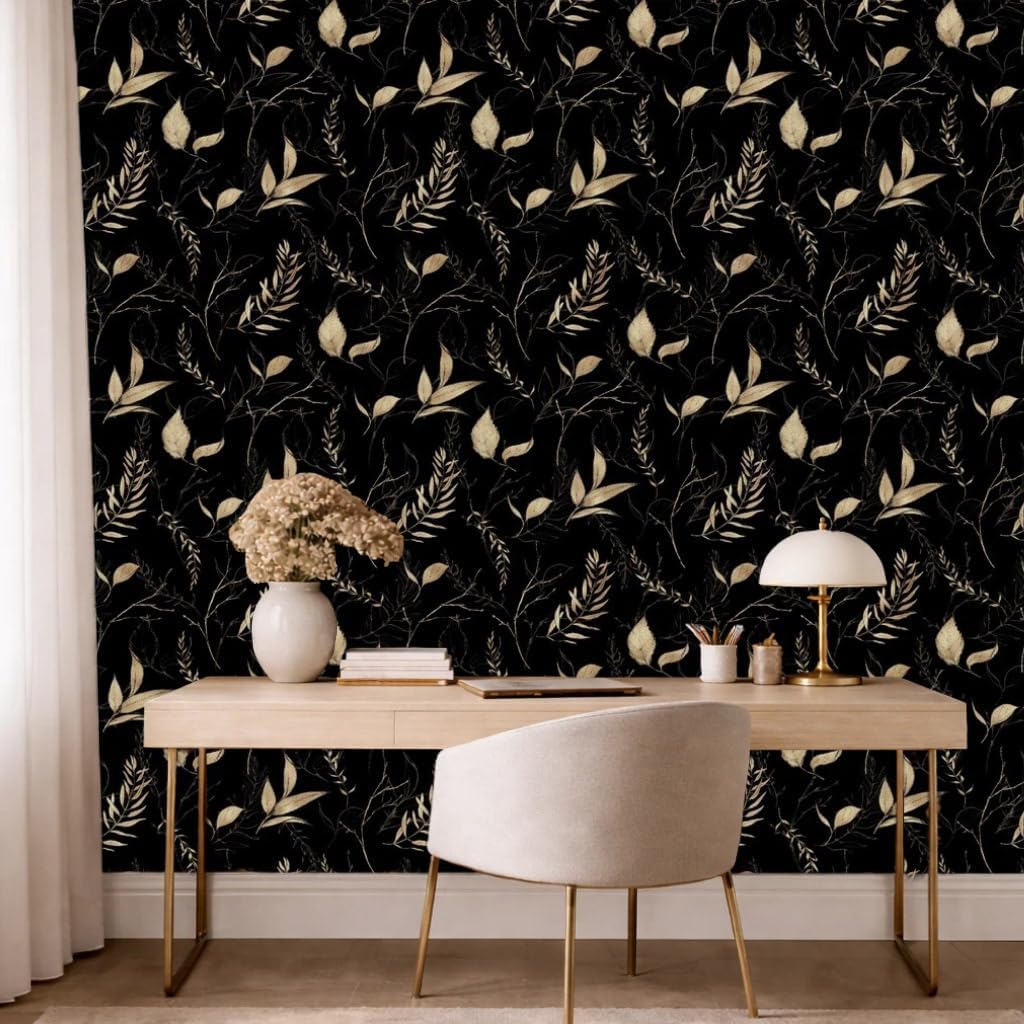 Dark Black and Gold Leaf Peel and Stick Wallpaper Removable Waterproof Wallpaper for Bedroom and Accent Walls Renter Friendly 17.7" x 354"