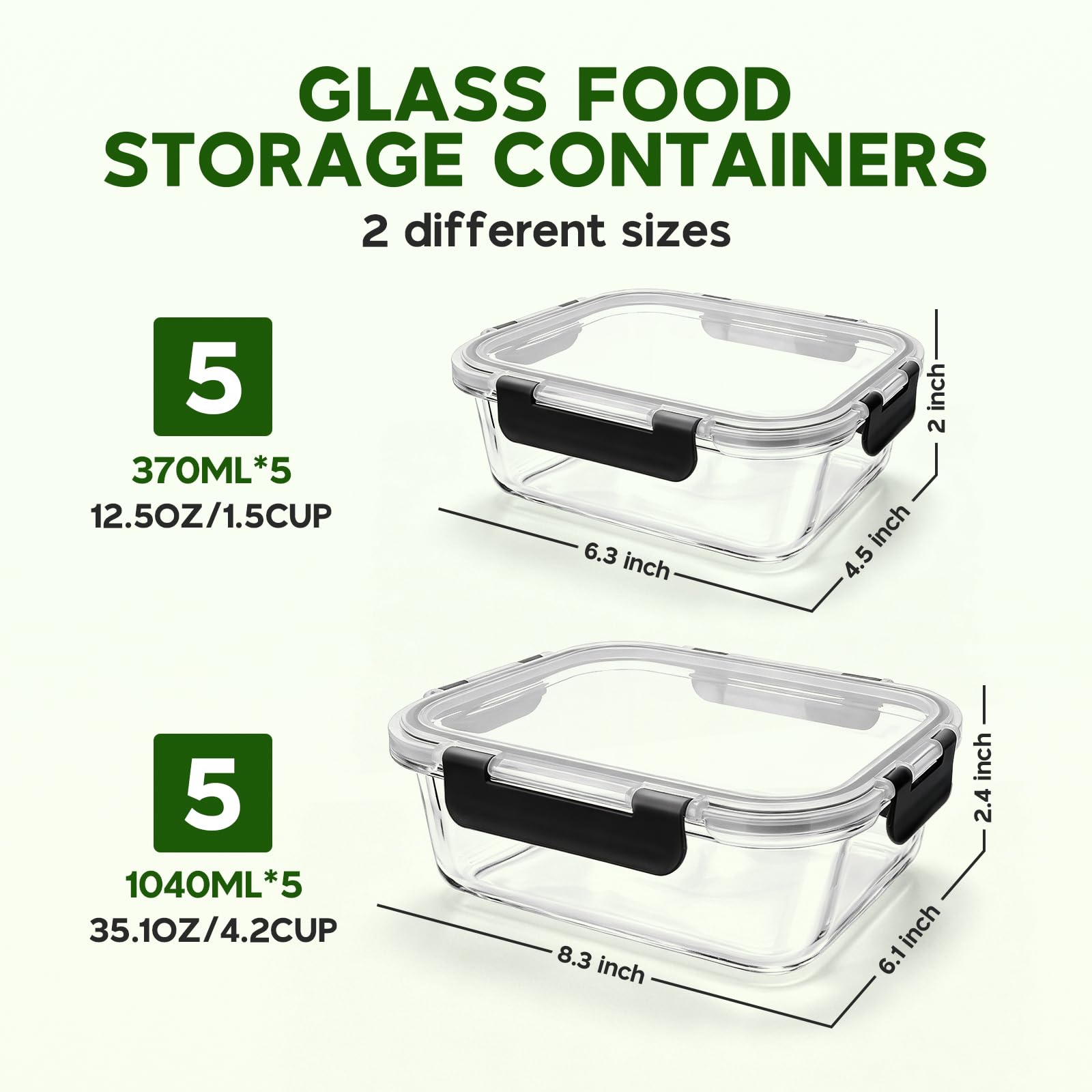 10 Stück Glasbehälter für Mahlzeiten, luftdichte Glas-Lebensmittelbehälter, stapelbares Glas-Frischhaltedosen-Set mit Deckel, BPA-frei, für Mikrowelle, Backofen, Gefrierschrank und Spülmaschine