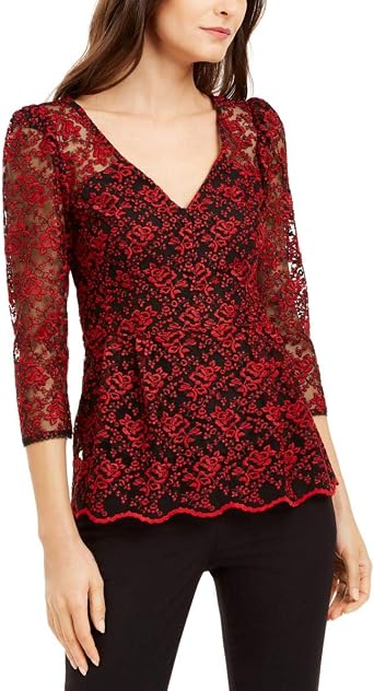 Nanette Lepore Womens Lace V-Neck Peplum Top Red 8