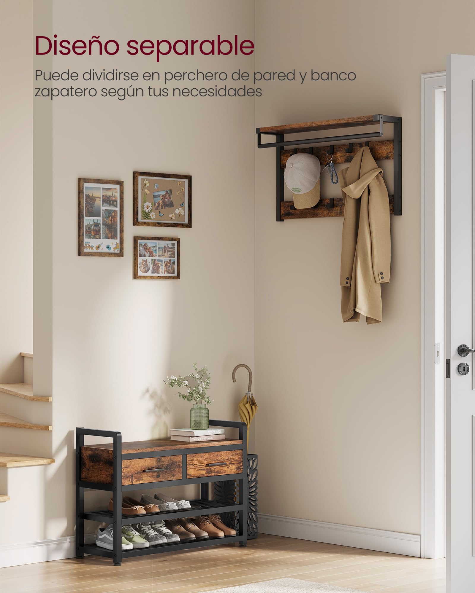 VASAGLE Perchero Recibidor, Mueble de Entrada con 10 Ganchos Extraíbles, 2 Cajones, Banco Zapatero, Diseño Separable, 30 x 80,4 x 181,6 cm, Marrón Rústico y Negro Tinta HSR429B01