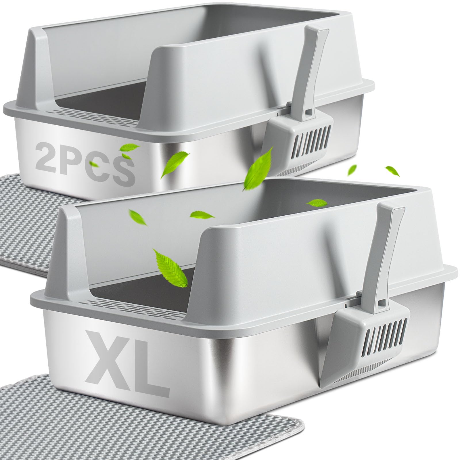 2PCS XL Stainless Steel Cat Litter Box with Lid,Metal Litter Box 10" High Sides for Big/Multiple Cats,Open Design,Indoor,1-Mat and 1-Scoop,Easy to Clean, No Odor,Anti-Urine Leakage