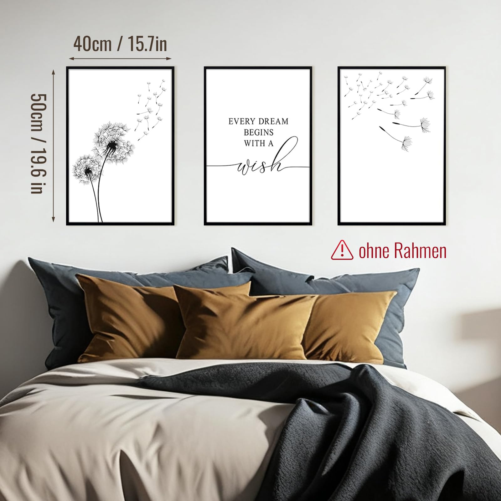 Wandbild 3er Set Leinwandbild Moderne Wanddeko – Dandelion oder Paar Motiv Schwarz Weiß Poster – Wohnzimmer Schlafzimmer Büro Café Minimalistische Wanddekoration ohne Rahmen, ohne Rahmen(40x50cm)