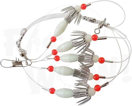 Fish WOW! Glow 5-Hook Squid Catcher Rigs Gangion Fishing Terminal baits Hook - Glow in The Dark