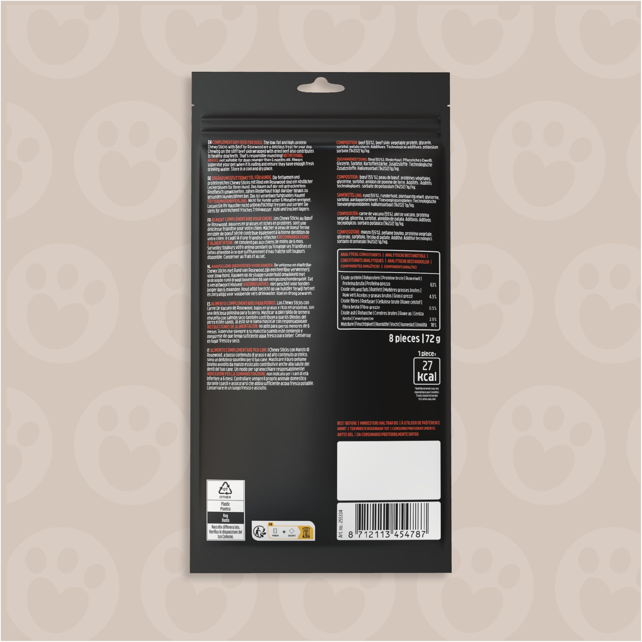 Rosewood Chewy Sticks Manzo Small - Bastoncini da masticare per cani con carne di manzo, supporta la cura dei denti, senza cereali, glutine e additivi artificiali, confezione da 6 (6x72 g)