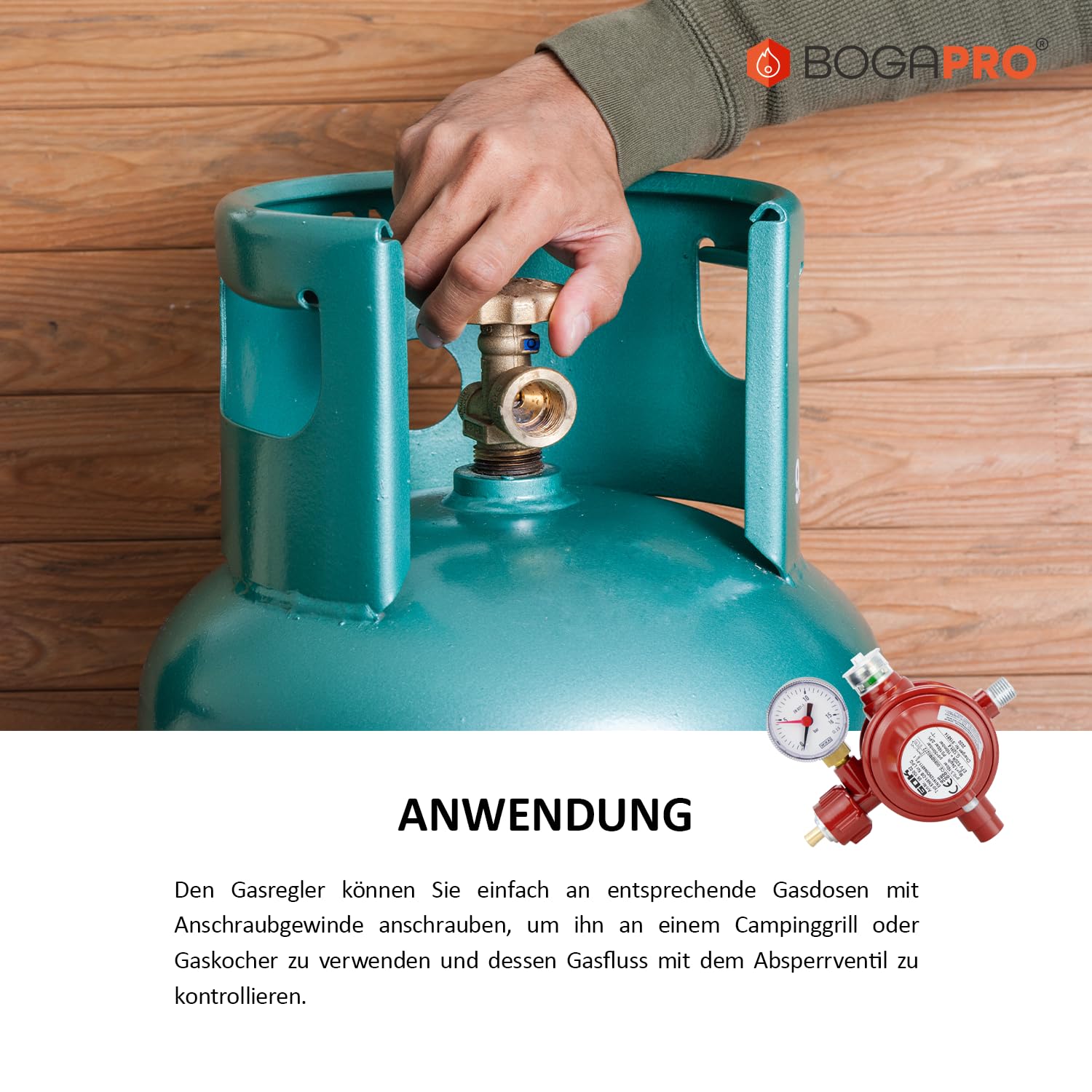 Haushaltsregler und Lecksuchspray 400ml, Gasregler für Gas Grill, Betriebsdruck 50 mbar mit SBS inkl. Spray zur Lecksuche bei Dichtheits- und Gasdruckprüfungen, inkl. Polybeutel