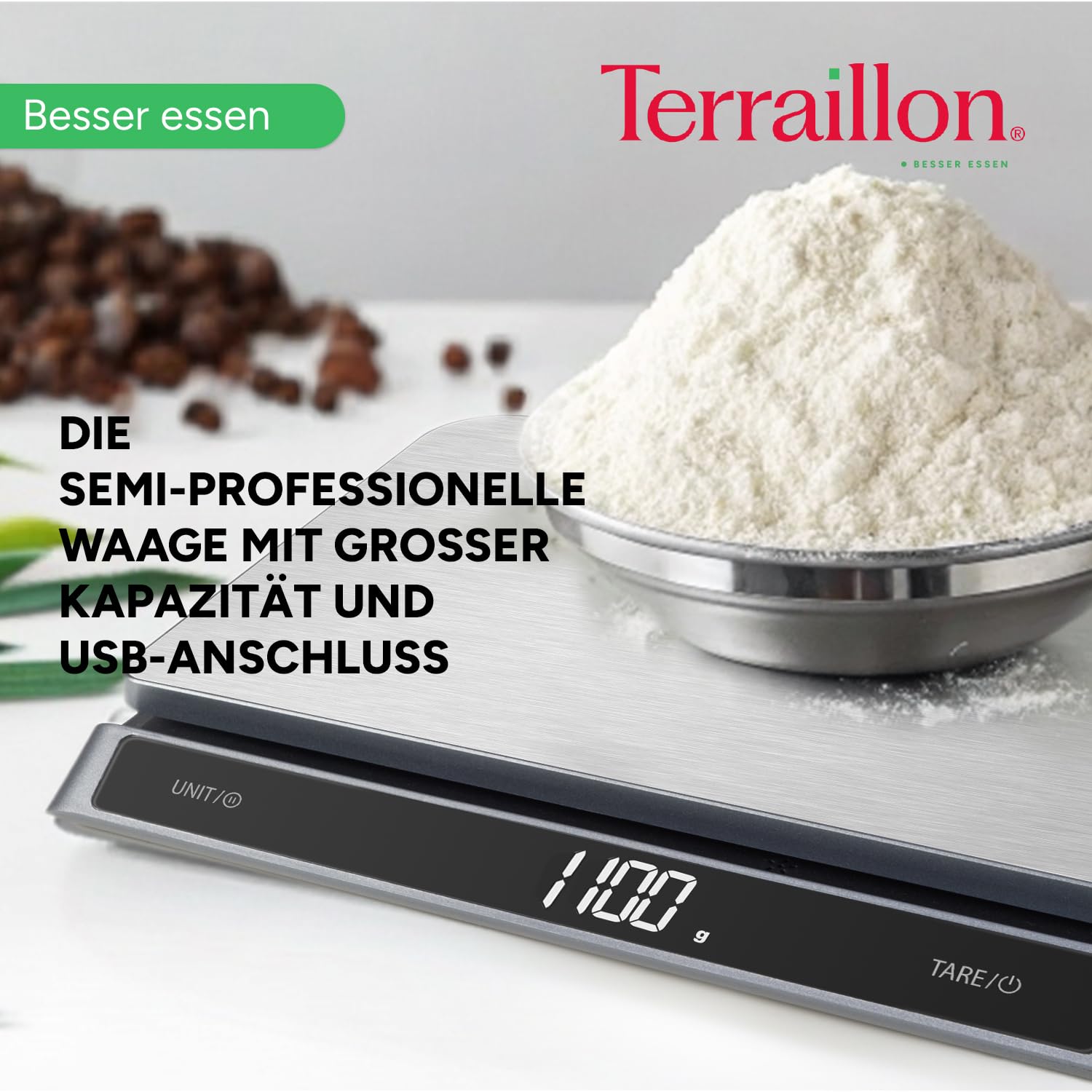 TERRAILLON - PRO USB15 – Professionelle elektronische Küchenwaage, große Platte aus Edelstahl, 23 x 16 cm, Kapazität 15 kg, Skala 1 g, wiederaufladbar über USB C, LED-Display mit