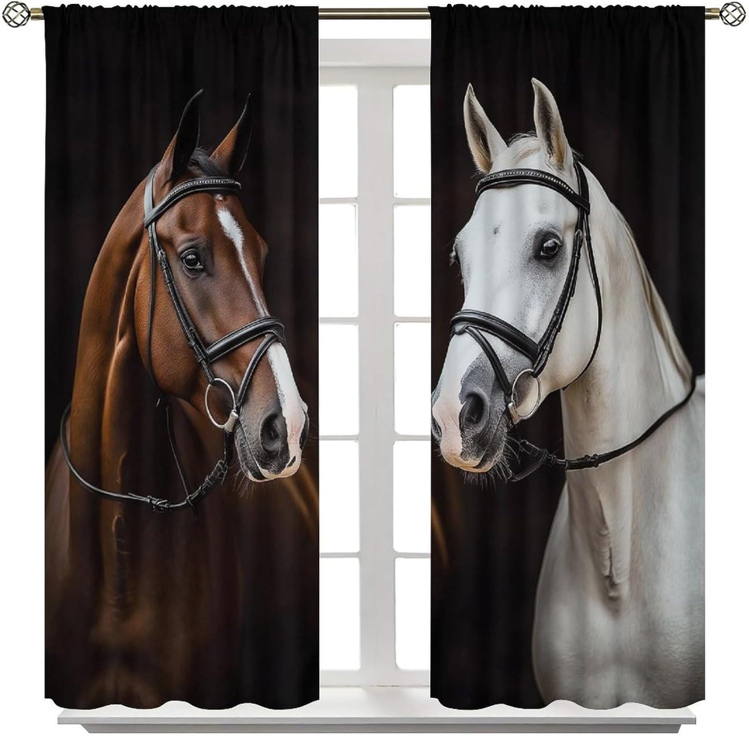 Horse Curtains, West Country Black Stables White Brown Horses Wildlife Blackout Windows Treatments, Thermal Insulation Rod Pocket Drapes For Kids Boys Girls Living Room Bedroom Bathroom 84x84in