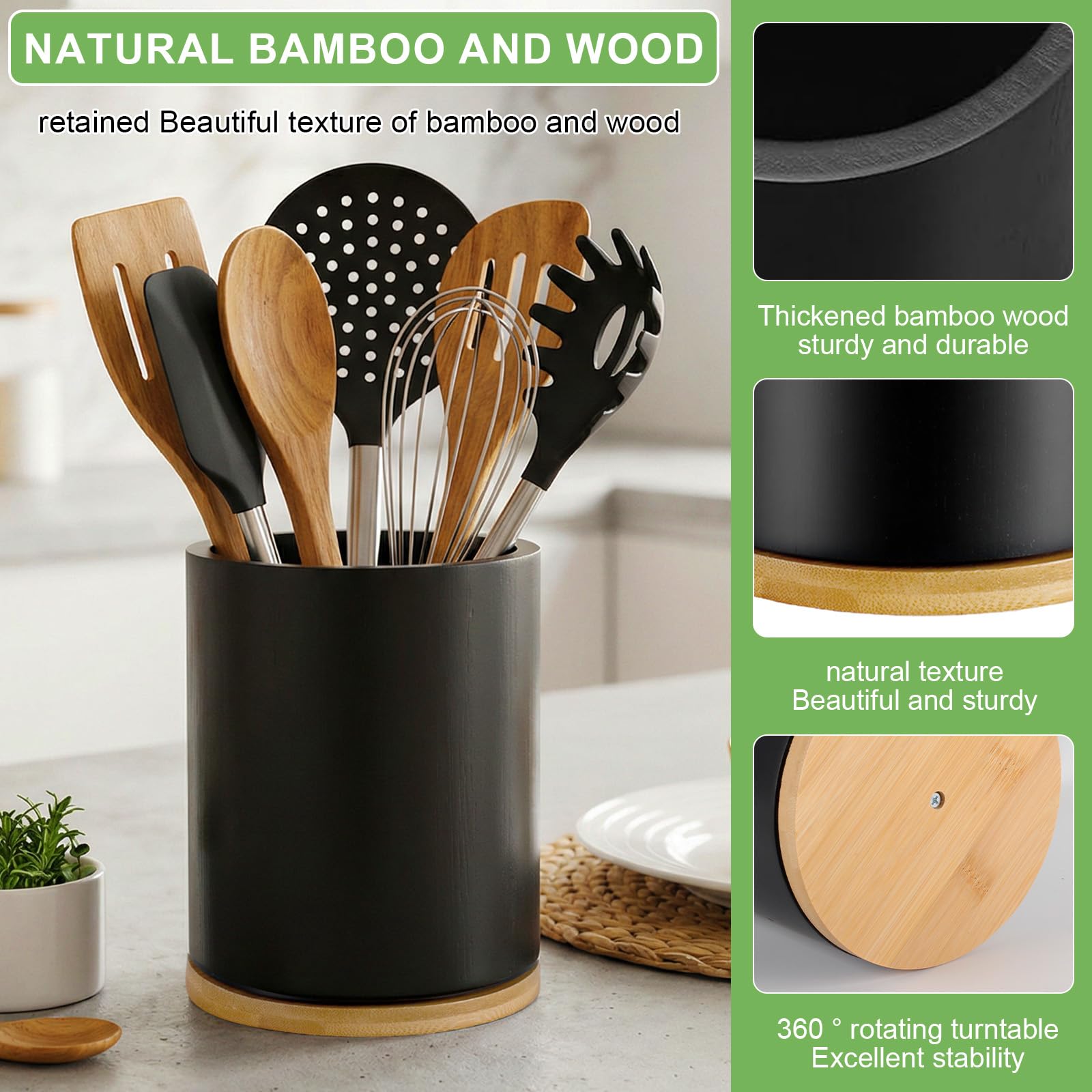 Portautensili da Cucina in Bambù Girevole 360°, Nero, 18.5×15.5×15.5cm, Impermeabile, Portautensili per Utensili da Cucina con Spazio 10-15 Utensili per Bancone da Cucina.