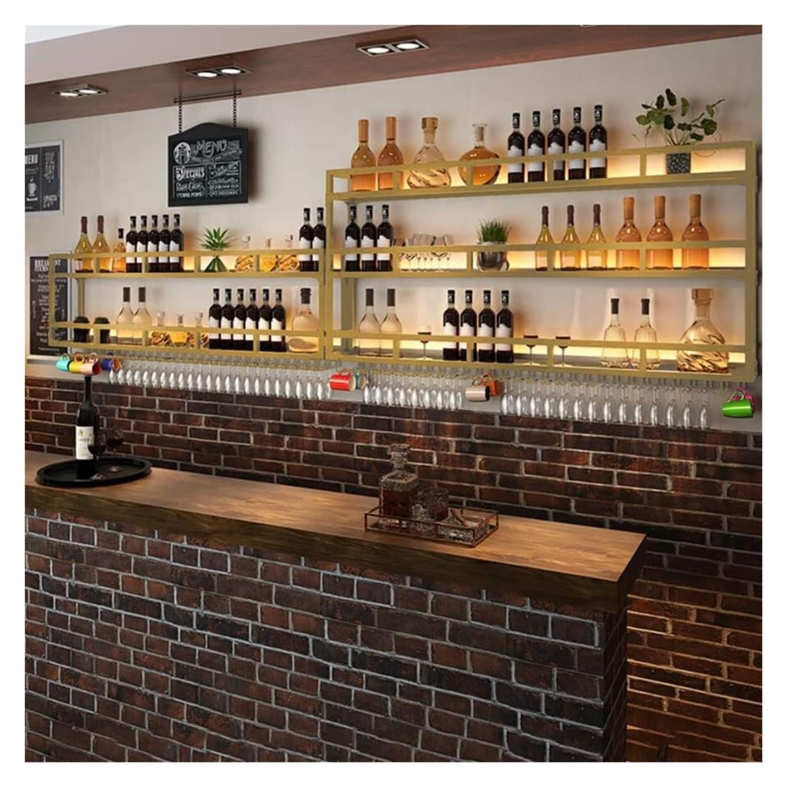 Stojaki na wino LED do montażu na ścianie, stojak na kieliszki do wina pływająca półka z wieszakiem na kieliszki, przemysłowy metalowy wiszący stojak na wino do domu, spiżarni, piwnicy, barów (kolor: