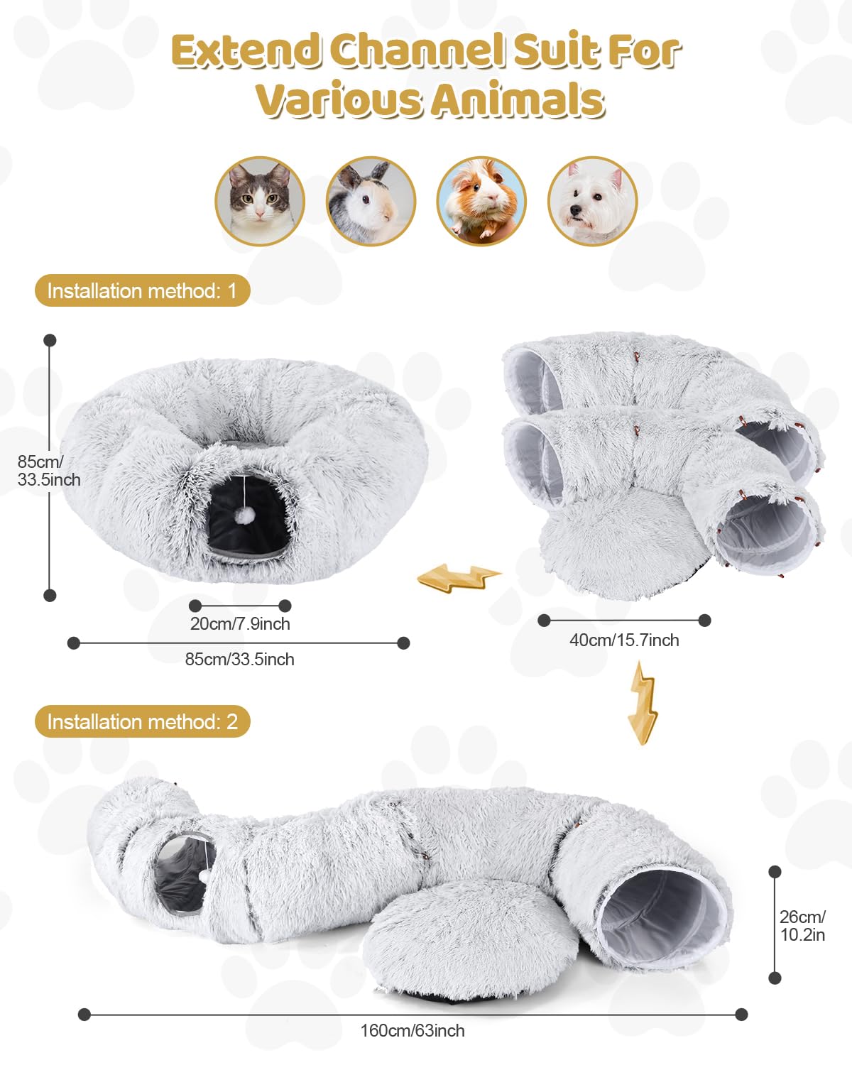 Odoland Tunnel Chat avec lit Coussin, Multifonctionnel Tunnel pour Chat Donut Interieur avec Jouets-Gris
