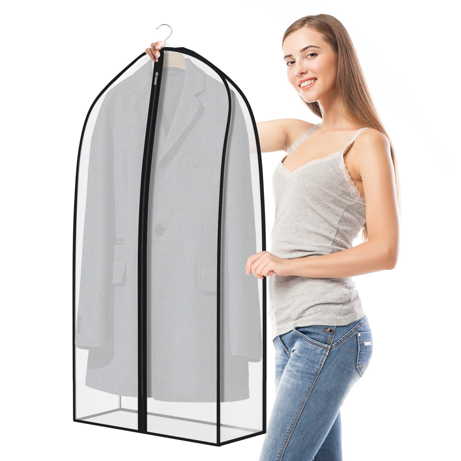 Zilink Bolsas de ropa transpirables para abrigo de cuero de 43 pulgadas, bolsas de traje para almacenamiento en el armario, fundas sedosas para colgar ropa con refuerzo de 7 pulgadas, sin arrugas para