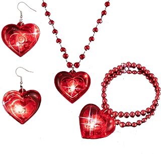 3Pcs Flashing LED Light Up Heart Necklace and Bracelet and Earrings Set - I Love You Light Up Valentine's Day LED Toy Jewelry Anniversary Birthday Reart Heart Decoration Valentine's Day Gifts for Girls Boys Girlfriend Her