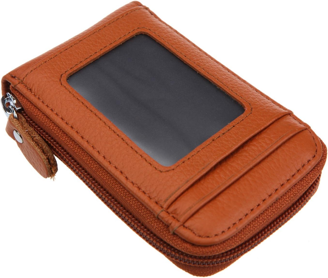 DKER Genuine Leather Mini Credit Card Case Organizer Compact Wallet with ID Window - Brown