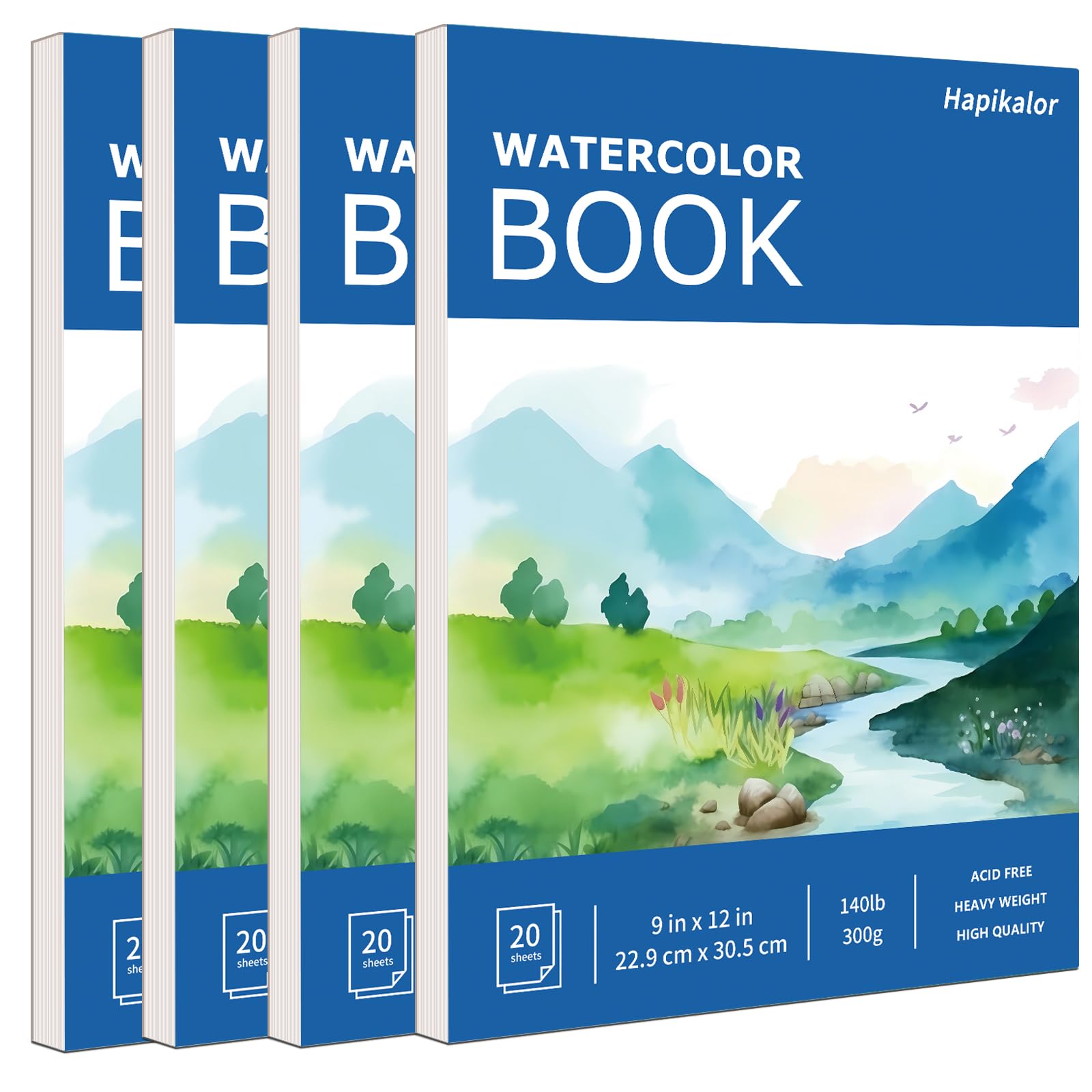 Hapikalor 4-Pack 9"x12" Watercolor Paper, 140lb/300g Water Color Paper Blue