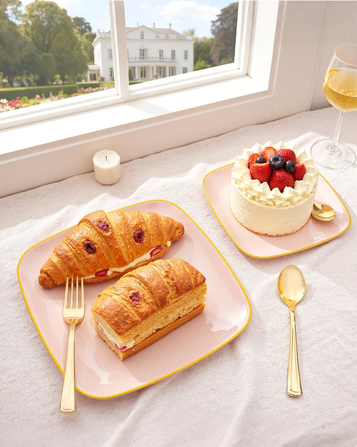 bUCLA 100PCS Pink Plastic Plates - Heavy Duty Square Pink and Gold Disposable - Include 50 Dinner 10 inch & 50 Dessert 7.25 inch Plates for Party, Weeding & Easter