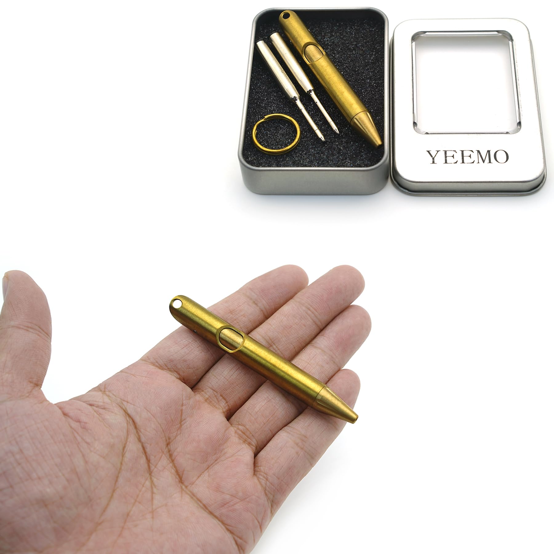 YEEMO Mini Brass Retractable Pen with Keychain, Handmade EDC Pocket Pen, 80 mm with 2 Replacement Refills & Gift Box (Retractable Brass)