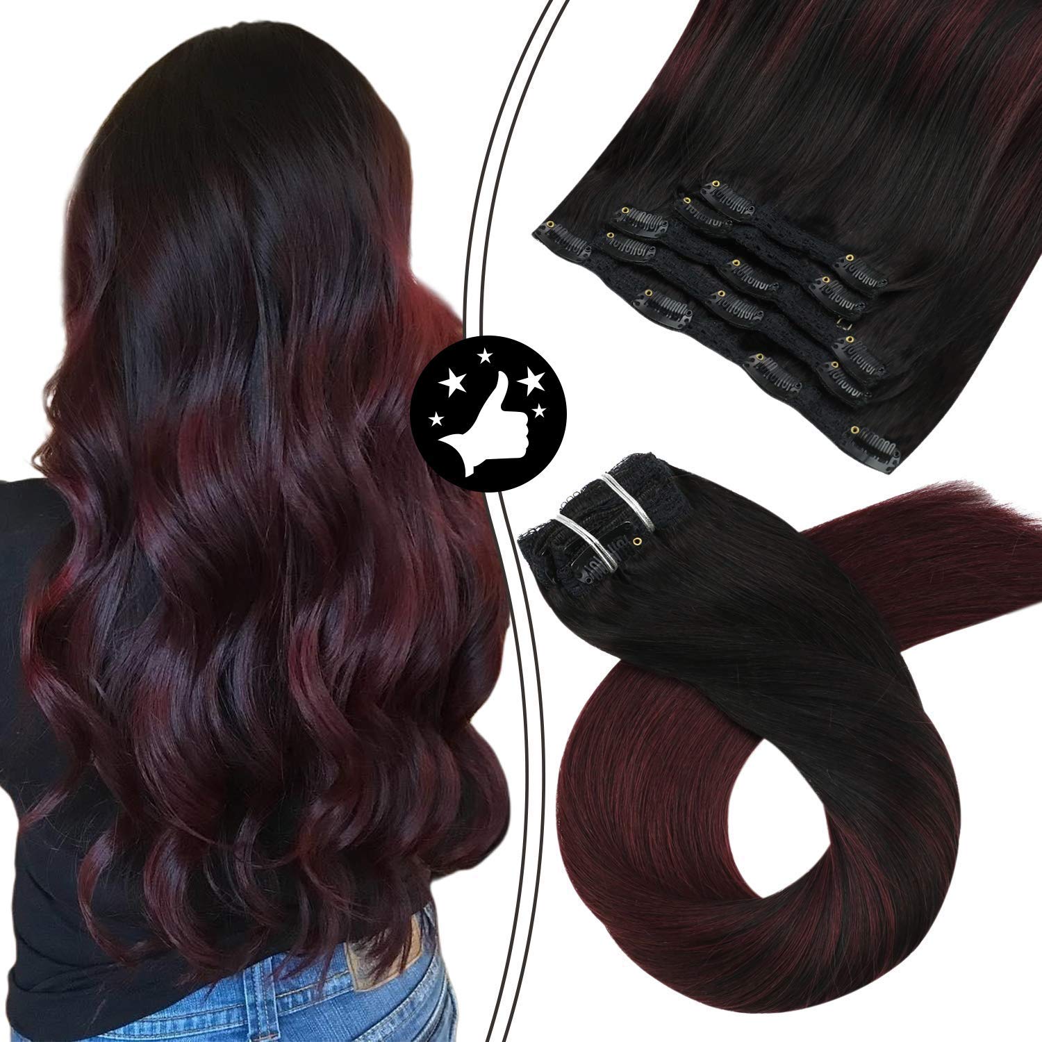 Moresoo Burgundy Human Hair Extensions 10inch Clip in Hair Extensions Short Hair Black to Burgundy Balayage Hair Extensions 5Pieces 70Grams Burgundy Hair Extensions Clip in