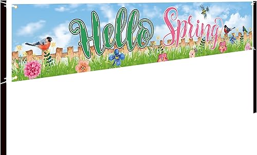 HHERCICIM Hola Spring - Pancarta grande de pájaros con flores, letrero de bienvenida para exteriores, decoración de fiesta de vacaciones, poliéster,
