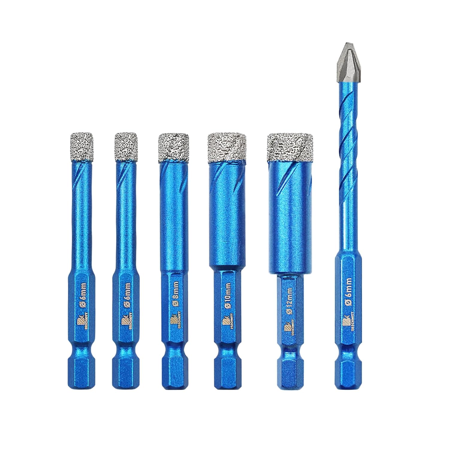 Diamond Drill Bit Hex Shank 1/4"*2,5/16",3/8",1/2"- Head Eccentric Drill Bit 1/4" Masonry Drill Bit for Porcelain Ceramic Tiles Glass Plastic Granite(6pcs)