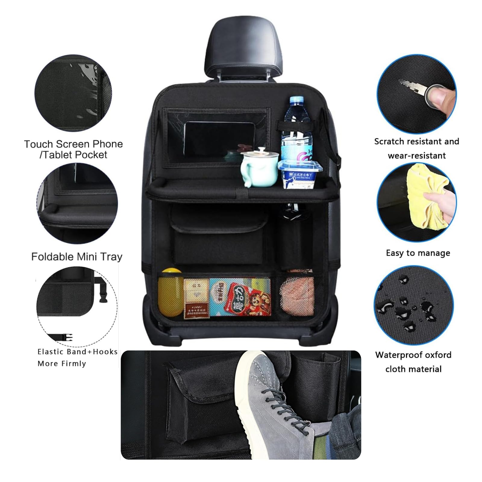 Organisateur Voiture Enfant avec Plateau Pliable, Protection Siège Arrière avec Écran Tactile, Sac Rangement Auto Imperméable en Oxford, Multi-Poches, Accessoire Intérieur