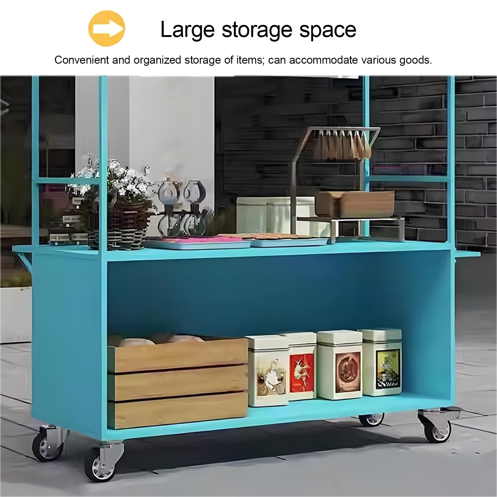 Mobiler Lebensmittelwagen mit Sonnenschutz-Dach und Aufbewahrungsbox, beweglicher Standständer Snacks, Süßigkeiten und Spielzeug