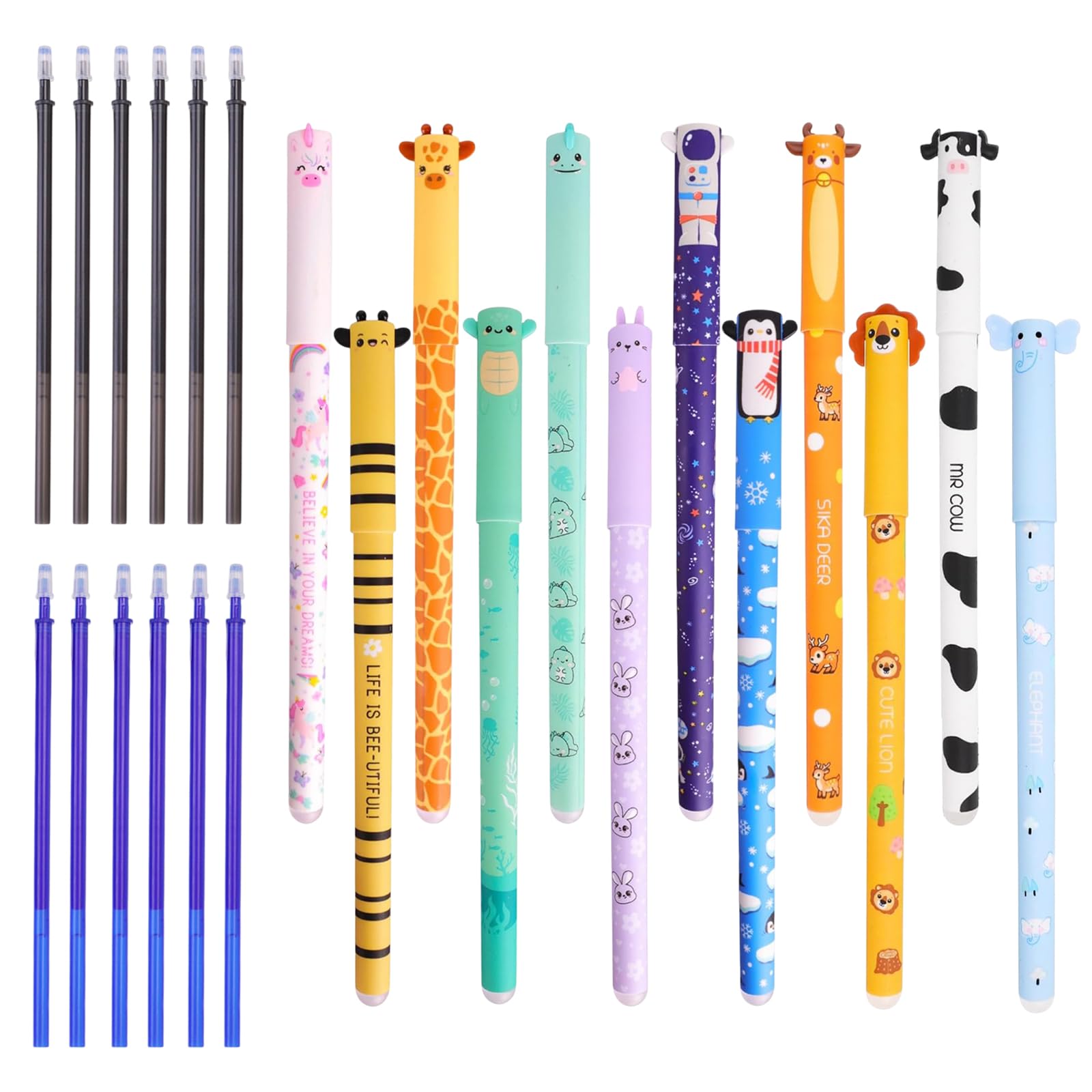 Azoisuwr 12 PCS Erasable Pens Animals, 0.5 MM Coloured Rub Out Pens, with 12 Black and Blue Refills, for School, Office, Sketch, Drawing, Notes