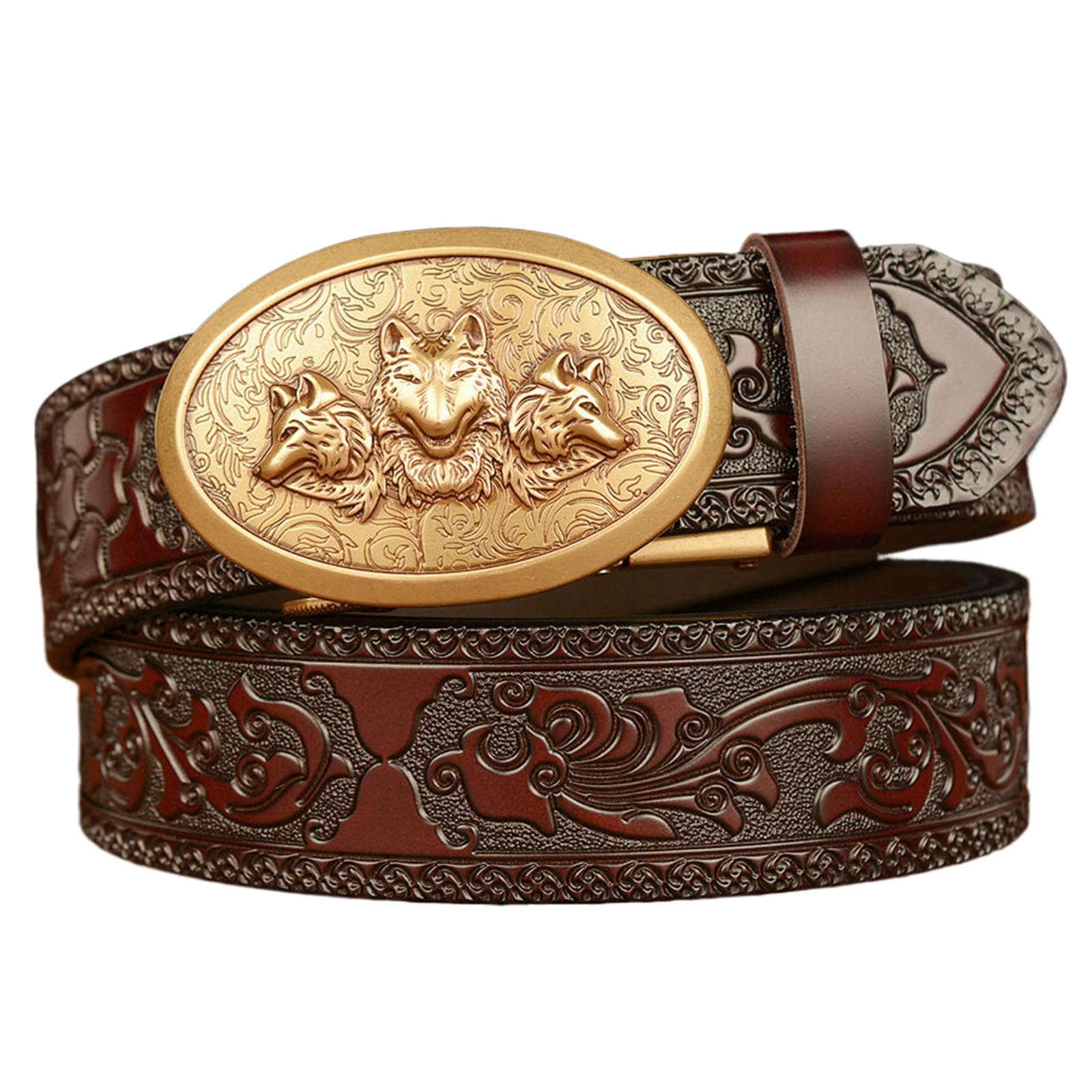 Wrjahcg Unisex Brown A Men's Belts Leather Ratchet, Western Cowboy Belt For Men With Wolf Head Oval Alloy Buckle Embossed Belt,,115Cm/45.3''