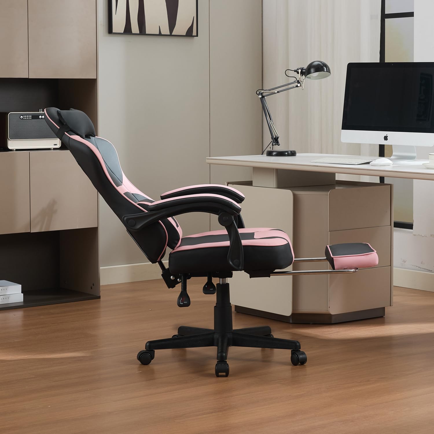 Gaming Stuhl mit Fußstütze, Ergonomischer Bürostuhl mit Verstellbarer Lendenstütze und Kopfstütze, Höhenverstellbarer Drehstuhl mit Wippfunktion, PC Stuhl für Home Office, Büro und Gaming